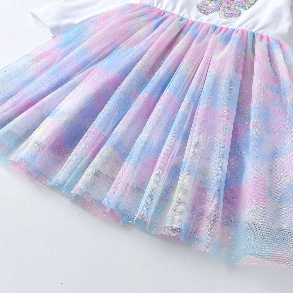 Girls Blue Long Sleeve Butterfly Tulle Dress (Age 3-8YRS)