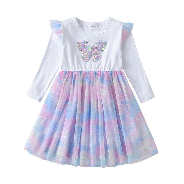 Girls Blue Long Sleeve Butterfly Tulle Dress (Age 3-8YRS)