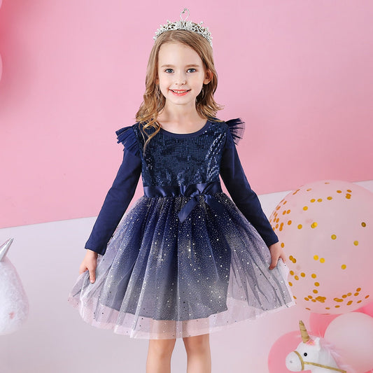 Girls Navy Long Sleeve Tulle Dress (Age 3-8YRS) Navy