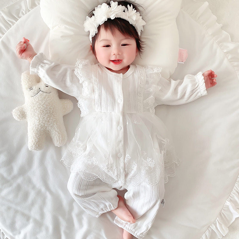 Baby Ruffle Cotton Jumpsuit (Age Newborn - 12M) White