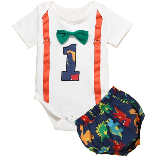 Baby Boys 1st Birthday Bodysuit & Dinosaur Shorts Set (Age 9M-12M) White