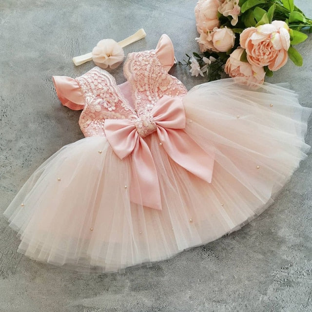 Girls Pearl Embellished Tulle Dress (Age 12M-4YRS) Pink