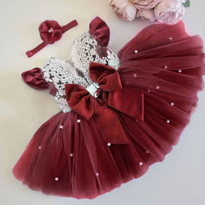 Girls Pearl Embellished Tulle Dress (Age 12M-4YRS) Burgundy