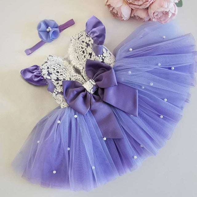 Girls Pearl Embellished Tulle Dress (Age 12M-4YRS) Purple