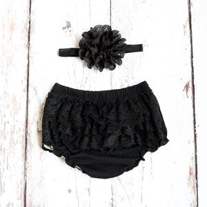 Baby Girls Lace Ruffle Bloomers & Headband (Age 3m-24m) Black