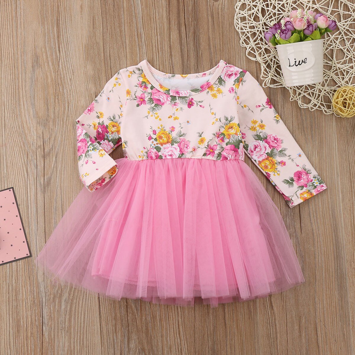 Girls Baby / Toddler Pink Floral Print Tulle Dress (Age 12m-5yrs)