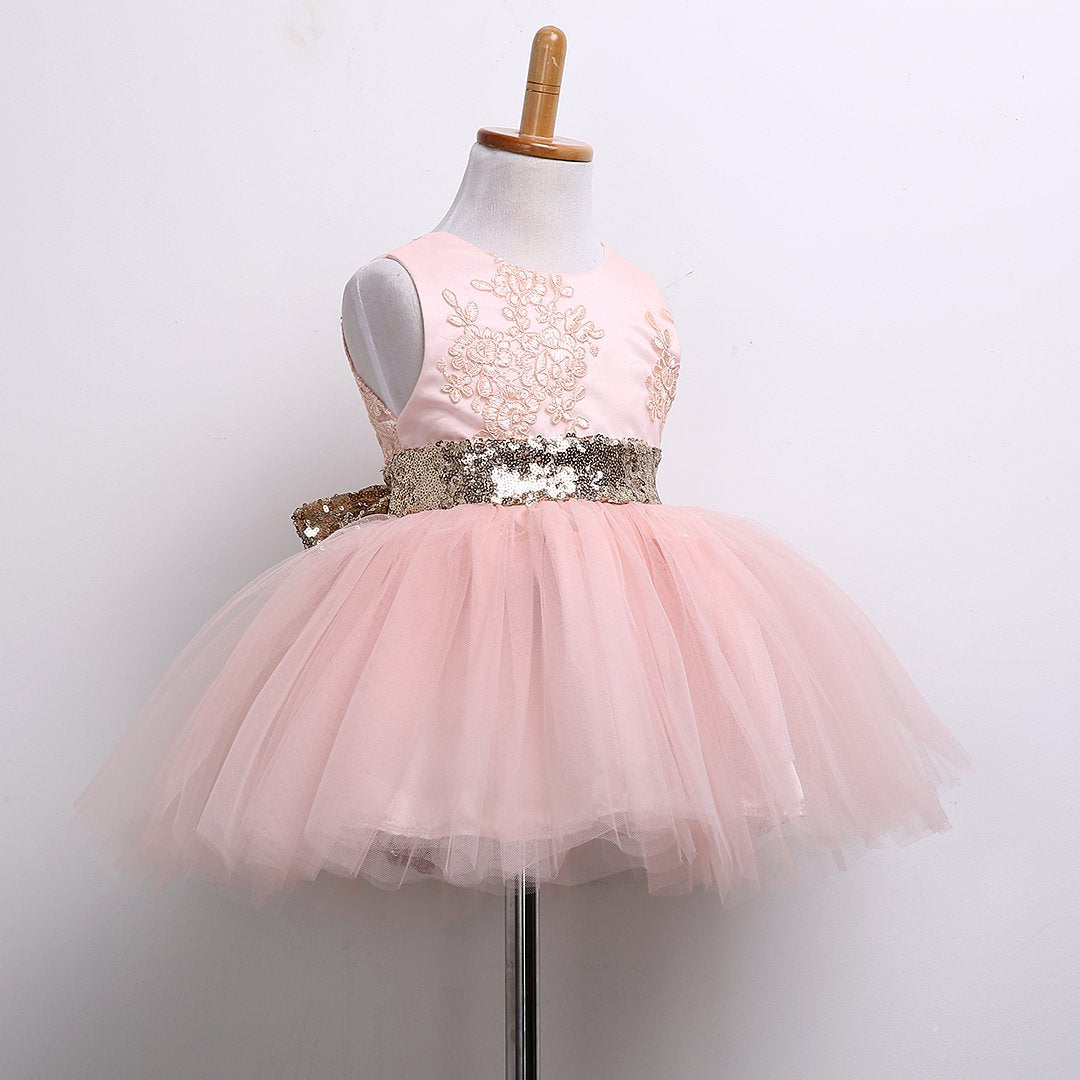 Girls Toddler White Sequin Belt Tulle Dress (Age 6M-10yrs)