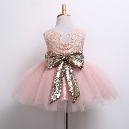 Girls Toddler White Sequin Belt Tulle Dress (Age 6M-10yrs)