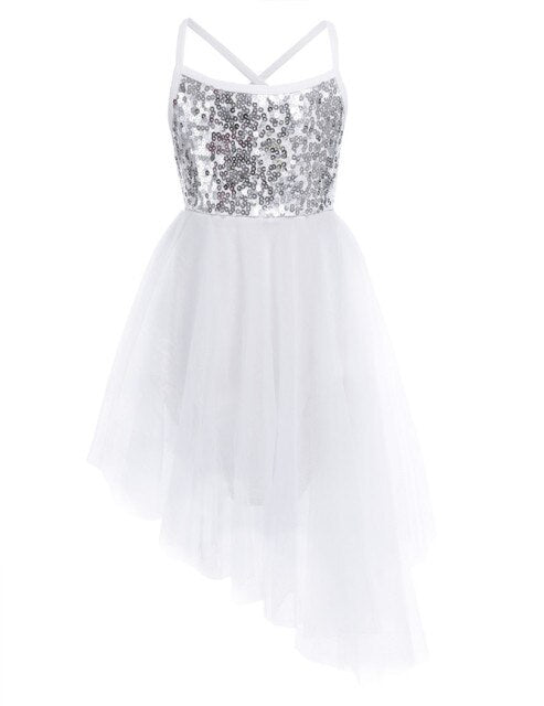 Girls Sequin Tulle Asymmetrical Leotard Dress (Age 24M-10YRS) White