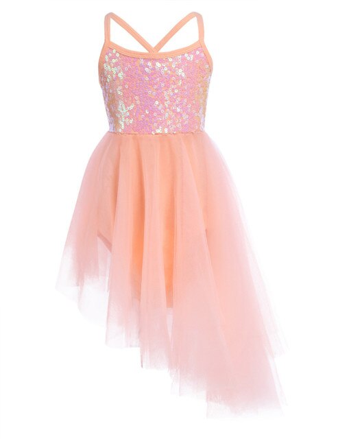 Girls Sequin Tulle Asymmetrical Leotard Dress (Age 24M-10YRS) Orange