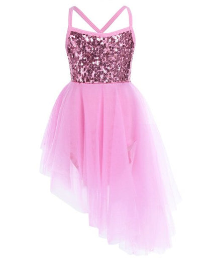 Girls Sequin Tulle Asymmetrical Leotard Dress (Age 24M-10YRS) Pink