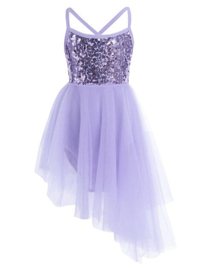 Girls Sequin Tulle Asymmetrical Leotard Dress (Age 24M-10YRS) Purple