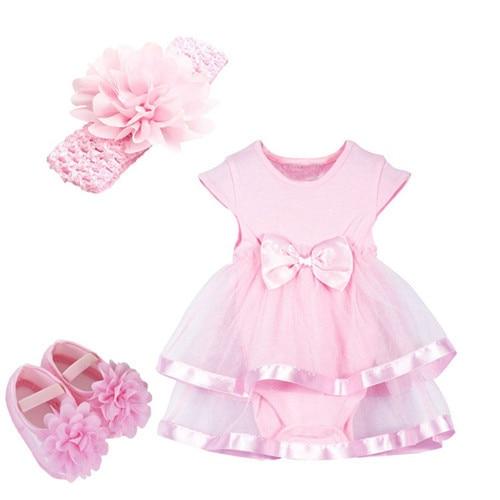 Baby Girls Pink Ruffle Dress Headband & Shoes Set (Age Newborn -24m) Pink