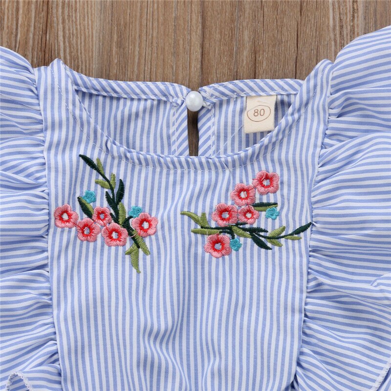 Girls Blue Stripe Floral Ruffle Romper (Age 6M-4YRS)