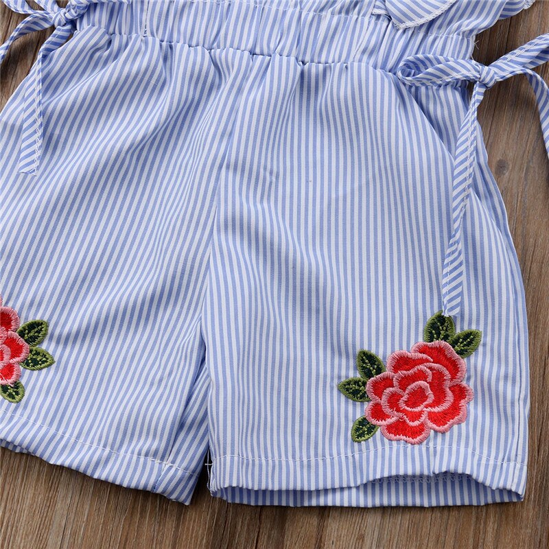 Girls Blue Stripe Floral Ruffle Romper (Age 6M-4YRS)