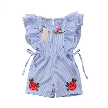 Girls Blue Stripe Floral Ruffle Romper (Age 6M-4YRS) Blue