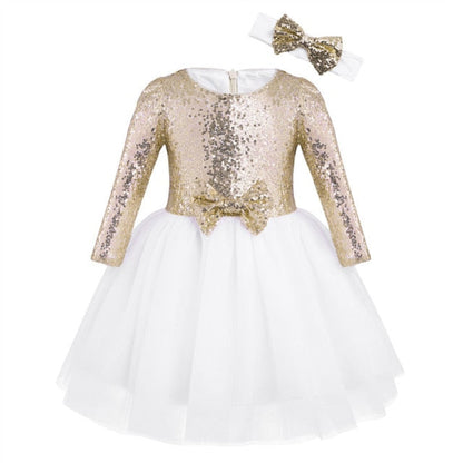 Girls Long Sleeve Sequin Tulle Dress (Age 18M-8YRS) Gold