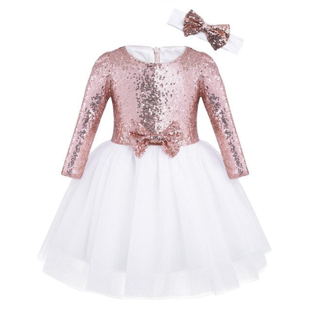 Girls Long Sleeve Sequin Tulle Dress (Age 18M-8YRS) Rose Gold