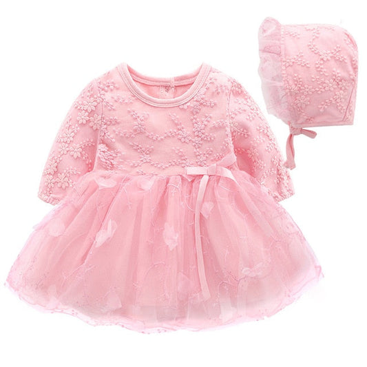 Baby Girls Pink Embroidered Tulle Dress & Bonnet Hat (Age 3M - 12M) Pink