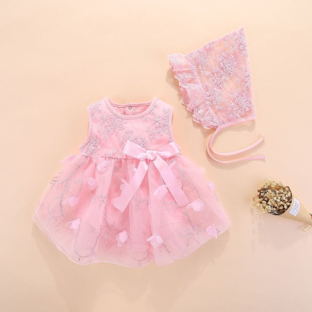 Girls Pink Mesh Embroidered Dress & Bonnet Hat (Age Newborn - 12M) Pink