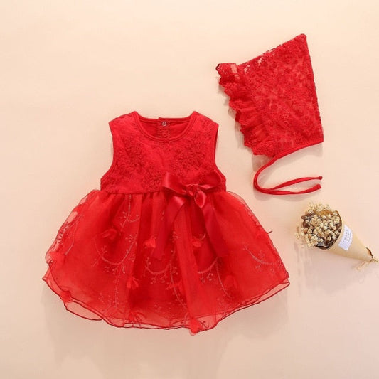 Girls Red Mesh Embroidered Dress & Bonnet Hat (Age Newborn - 12M) Red