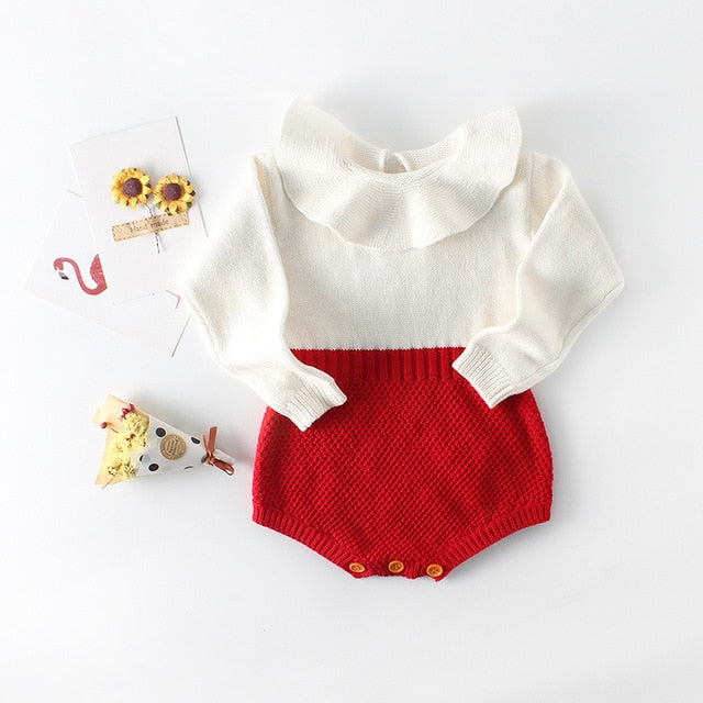 Baby Girls White & Brown Knitted Long Sleeve Romper (Age 3M - 12M) Red