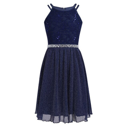 Girls Sequin Floral Tulle Dress (Age 6-16yrs) Navy Blue