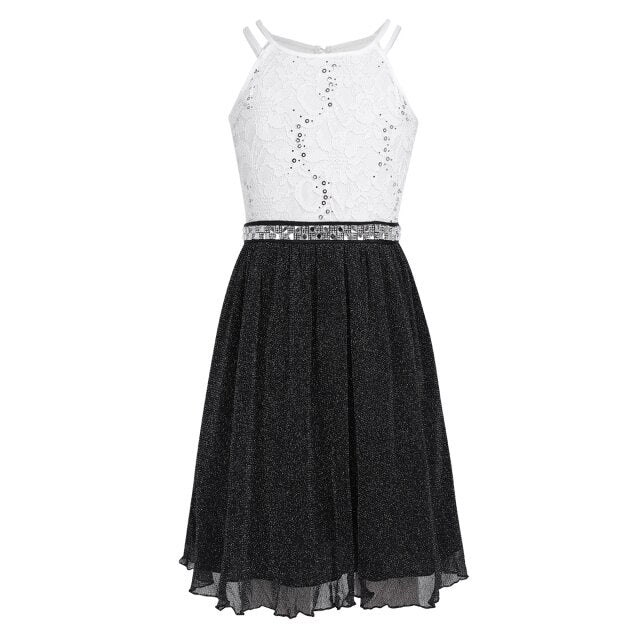 Girls Sequin Floral Tulle Dress (Age 6-16yrs) Black White