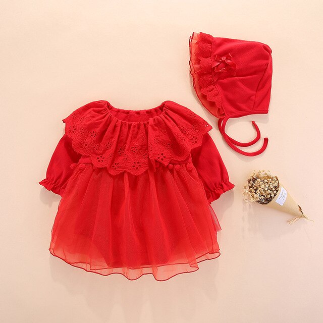 Baby Girls Mesh Dress & Bonnet Hat (Age 3M - 12M) Red